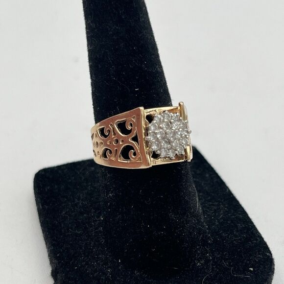 VINTAGE 14K YELLOW GOLD 20 DIAMOND CLUSTER RING FILIGREE SIZE 6 - Picture 6 of 9